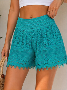 Kathy Turquoise Crochet Lace Shorts Boho Elastic Waist